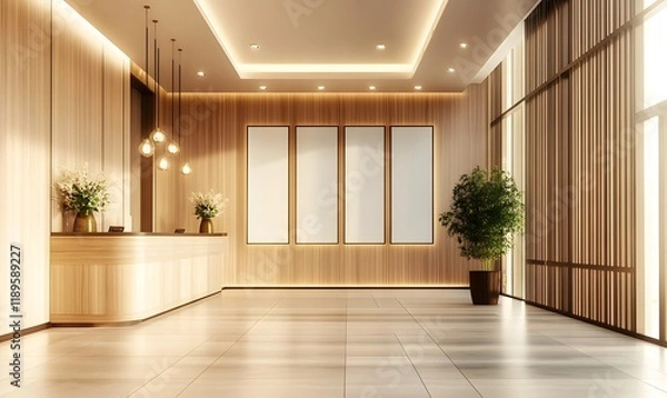 Obraz Interior of modern hotel lobby with white and wooden walls, tiled floor, wooden reception counter and vertical mock up posters. Generative AI