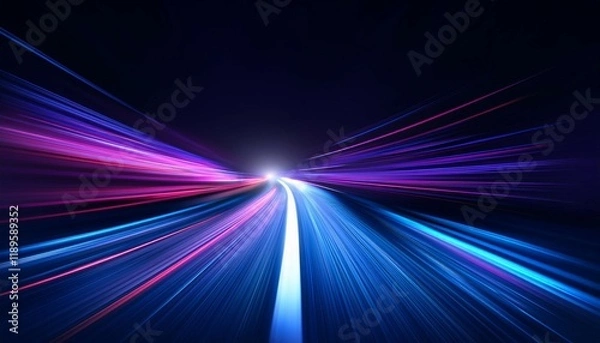 Fototapeta abstract background with blue and purple light streaks on black speed motion on a night road