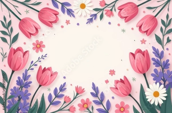 Obraz Frame made with beautiful spring tulips, daisies, lilac on pink background, top view. Space for text
