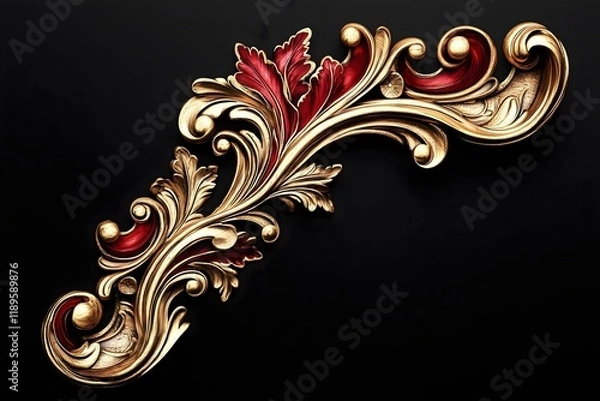 Fototapeta Luxurious Golden and Red Baroque Ornament Design on Black Background, Perfect for Elegant Invitations, Frames, Decorative Art, and Vintage Projects