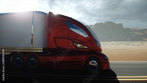 Fototapeta Red futuristic electric truck very fast driving on desert highway. Logistic, future concept. 3d rendering.