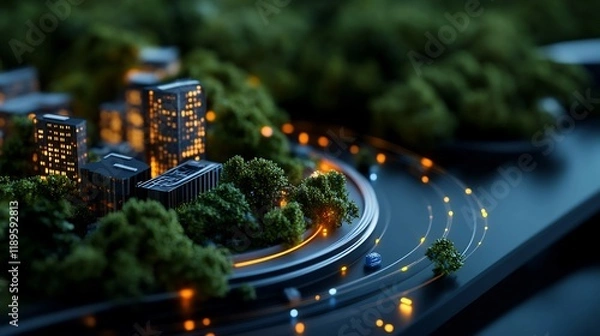 Fototapeta Night Cityscape: Miniature Smart City Model with Illuminated Buildings and Lush Greenery