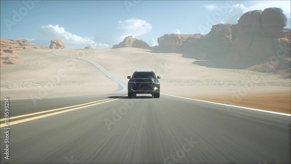 Fototapeta 3d model luxury black car on desert highway. Very fast driving. 3d rendering.
