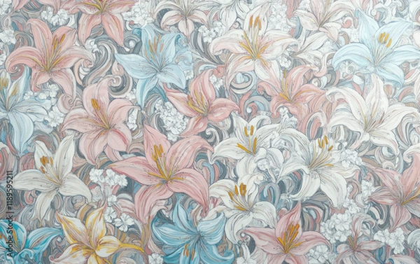 Fototapeta Beautiful floral pattern featuring lilies and roses in soft pastel colors, creating serene and elegant atmosphere. intricate design showcases blend of pink, white, and blue flowers