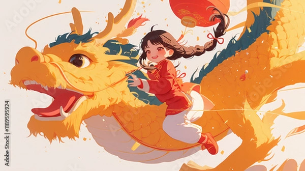 Fototapeta girl in traditional attire joyfully rides vibrant dragon during festive celebration. scene captures spirit of Chinese New Year with bright colors and dynamic movement