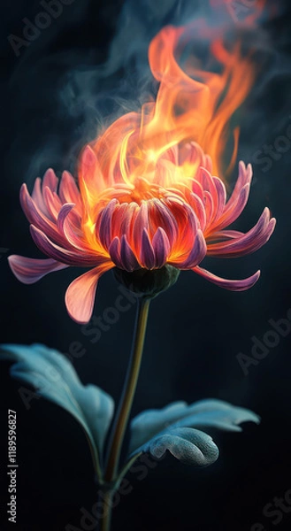 Fototapeta vibrant flower with flames and smoke, showcasing unique blend of beauty and intensity. half bloomed chrysanthemum captivates with its fiery colors and intricate petals
