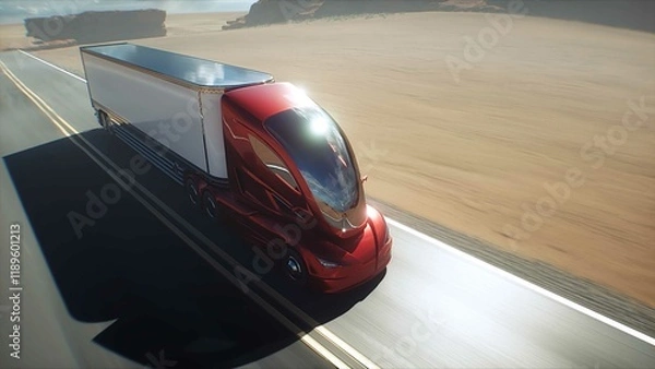 Fototapeta Red futuristic electric truck very fast driving on desert highway. Logistic, future concept. 3d rendering.