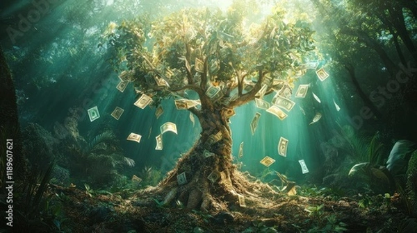 Fototapeta Mystical money tree in sunlit forest, showering dollar bills.