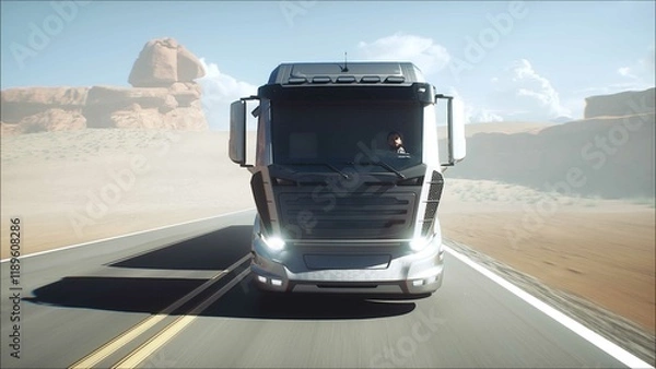 Fototapeta Generic 3d model of gasoline truck very fast driving on desert highway. Gas, oil concept. 3d rendering.