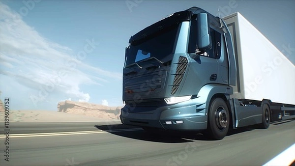 Fototapeta White delivery generic truck on desert highway. Very fast driving. Delivery concept. 3d rendering.