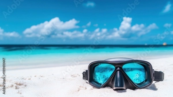 Fototapeta Diving mask on a tropical beach with turquoise water and blue sky.