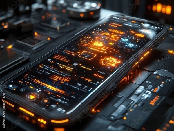 Fototapeta A futuristic smartphone displaying a high-tech interface with glowing elements.