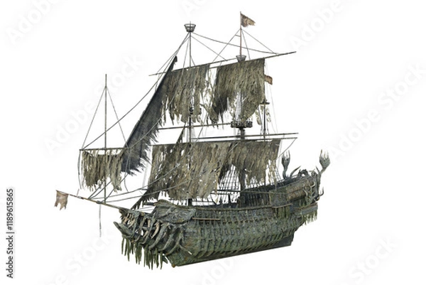 Fototapeta Old haunted ghost pirate ship with torn sails. Isolated 3D render.