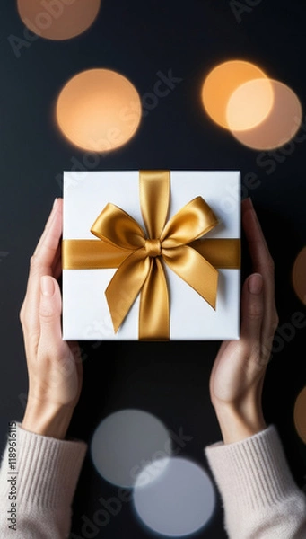 Fototapeta Top view of hands with a white gift box adorned with a golden bow, set against a black background with bokeh filled with warm, glowing lights, evoking a festive atmosphere.