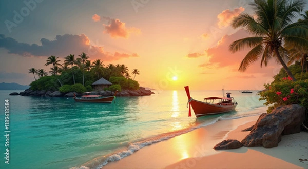 Fototapeta Tropical Sunset Paradise. Longtail boats rest on the shore of a serene beach with crystal-clear turquoise waters.