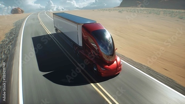 Fototapeta Red futuristic electric truck very fast driving on desert highway. Logistic, future concept. 3d rendering.