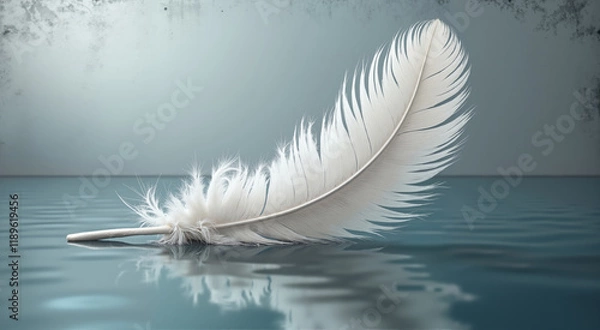 Fototapeta White Feather on Calm Water. A single white feather floats serenely on the surface of still, dark water.