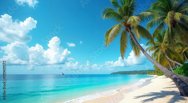 Fototapeta Tropical paradise beach with white sand and turquoise water.  A luxury yacht sails on the horizon, promising adventure and relaxation.