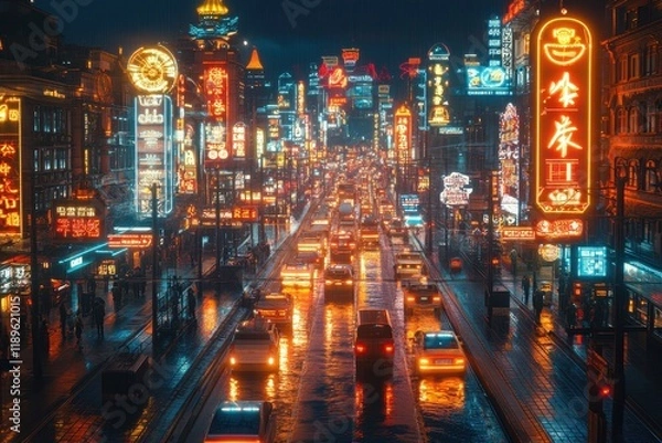 Fototapeta A vibrant cityscape at night, illuminated by neon lights and bustling traffic.