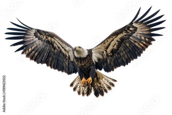 Fototapeta Bald eagle in flight, wings spread, white background, wildlife, nature