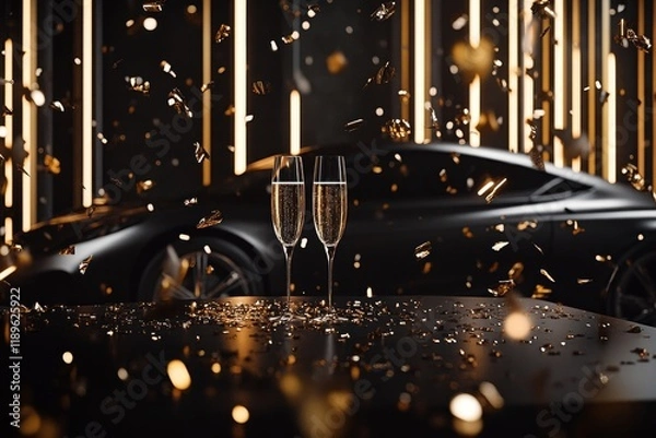 Fototapeta Two champagne flutes filled with bubbly sit on a dark table, scattered with gold confetti, in front of a luxury black car