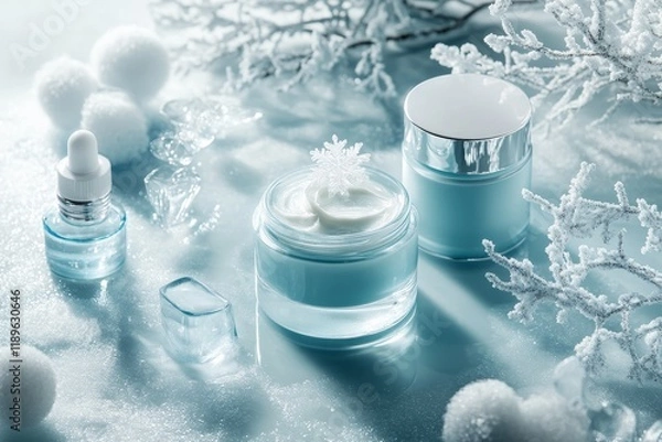 Fototapeta Two jars of skincare products, one serum and one cream, are displayed on a winter-themed background with ice and snow