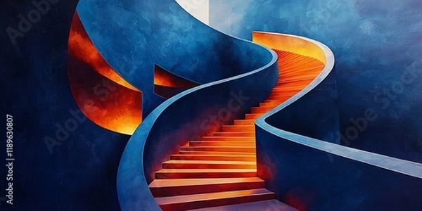 Obraz Abstract curved stairway with orange and blue lighting.
