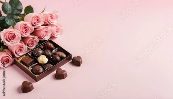 Fototapeta Chocolates and Roses Perfect Combination on soft pink table, copy space