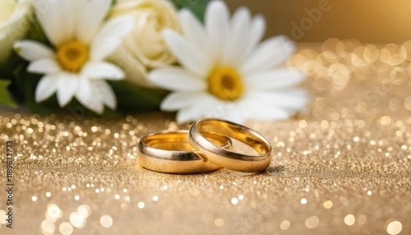 Fototapeta Gold wedding rings, and flowers in bokeh background