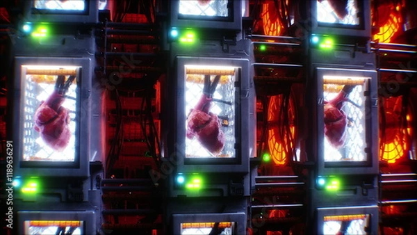 Fototapeta Growing a heart in a futuristic capsule. genetic engineering concept. futuristic laboratory. 3d rendering.