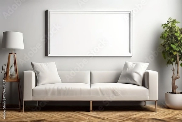 Fototapeta modern interior with empty frame and white sofa