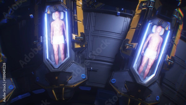 Obraz futuristic laboratory with cryocapsules with sleeping peoples. Cryo sleep future concept. 3d rendering.