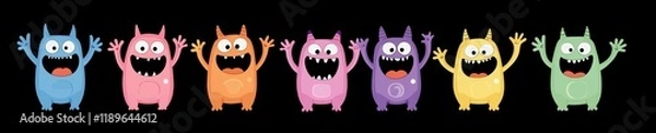 Fototapeta Happy Halloween. Line-style monster head face icon set. Colorful silhouette featuring eyes, tongue, tooth fang, and raised hands. Cute cartoon kawaii scary funny baby character. Black background.