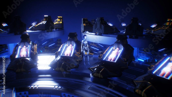 Fototapeta futuristic female robot in laboratory with cryocapsules with sleeping peoples. Cryo sleep future concept. 3d rendering.