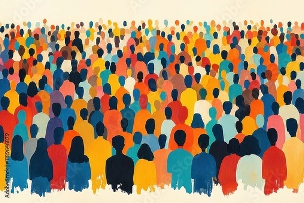 Obraz Colorful vector illustration of crowd silhouettes in motion