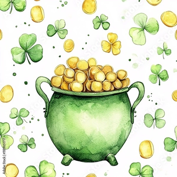Fototapeta A watercolor illustration of a pot filled with gold coins surrounded by green shamrocks and scattered gold pieces, perfect for St. Patrick's Day-themed designs