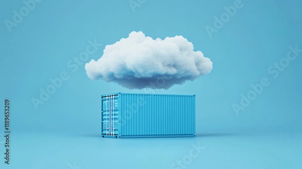 Fototapeta a fluffy white cloud hovering above a blue shipping container on a bright blue background representing modern cloud concepts
