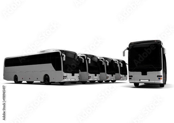 Fototapeta Flota autobusów / renderowanie obrazu 3D przedstawiającego flotę autobusów