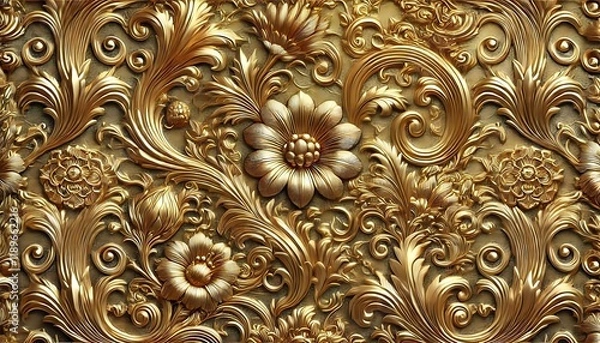 Fototapeta Embossed gold foil texture with intricate floral patterns, shimmering metallic details, and a regal luxurious style, seamless background, generative ai