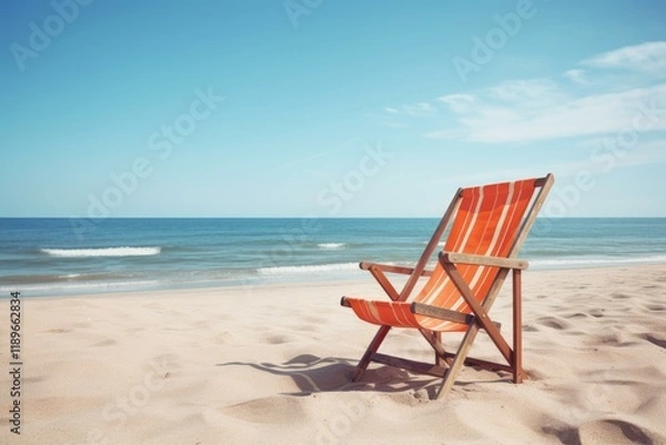 Fototapeta Relaxing beach chair sits on a sandy beach with the ocean waves gently lapping in the background