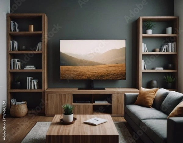 Fototapeta a modern living room with a cozy and stylish design. In the center, there is a large flat-screen television mounted on a wooden entertainment unit