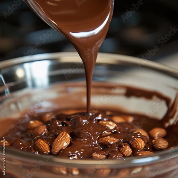 Fototapeta Melting chocolate being poured over almonds in a kitchen setting
