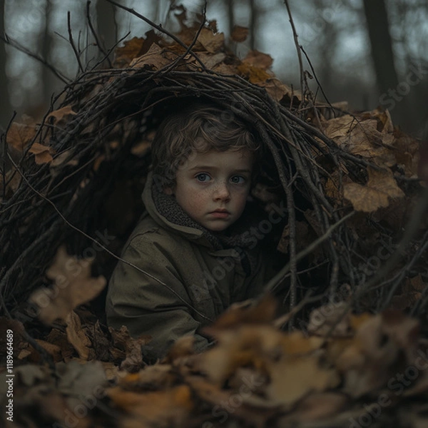 Fototapeta Young child hides in a cozy nest made of twigs and leaves in a serene forest during early evening