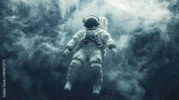 Fototapeta Astronaut floats in dark, smoky space.