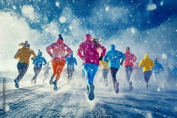 Fototapeta A group of runners race through a snowy landscape