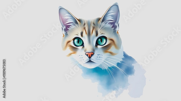 Fototapeta Watercolor portrait of a cat with blue eyes on a white background