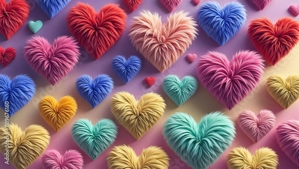 Fototapeta A vibrant and playful 3D fur texture heart design, filled with bright colors and soft, fluffy details, creating a fun, cozy, and visually appealing piece of digital art