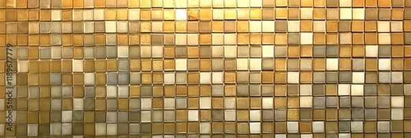 Obraz Golden mosaic texture featuring a grid of shiny metallic tiles, suitable for use as design overlay or background in panoramic style