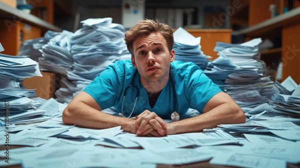 Fototapeta A frustrated doctor in scrubs lies on the floor surrounded by piles of paperwork, illustrating the stress of administrative tasks