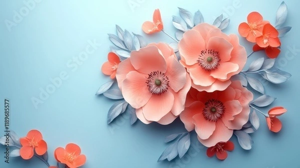 Fototapeta Elegant pink flowers and leaves on light blue background